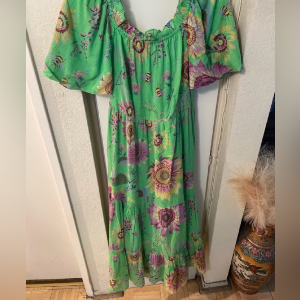 banjanan green floral dress puff sleeve sz s
